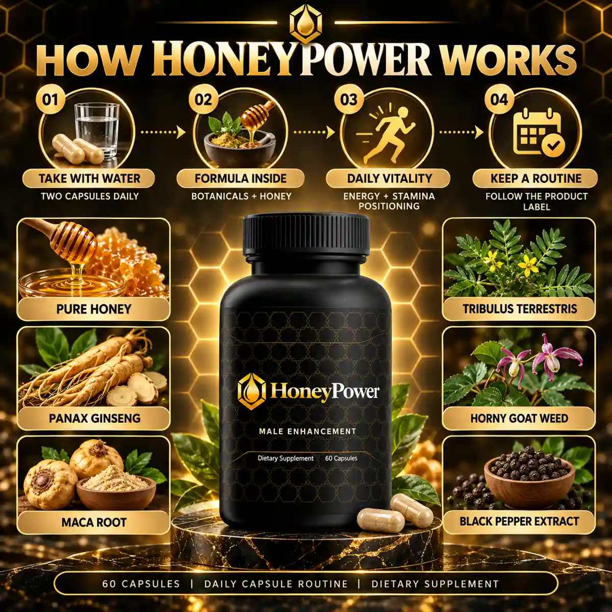 The seller's HOW HONEYPOWER WORKS panel, naming the six ingredients and a four-step daily routine