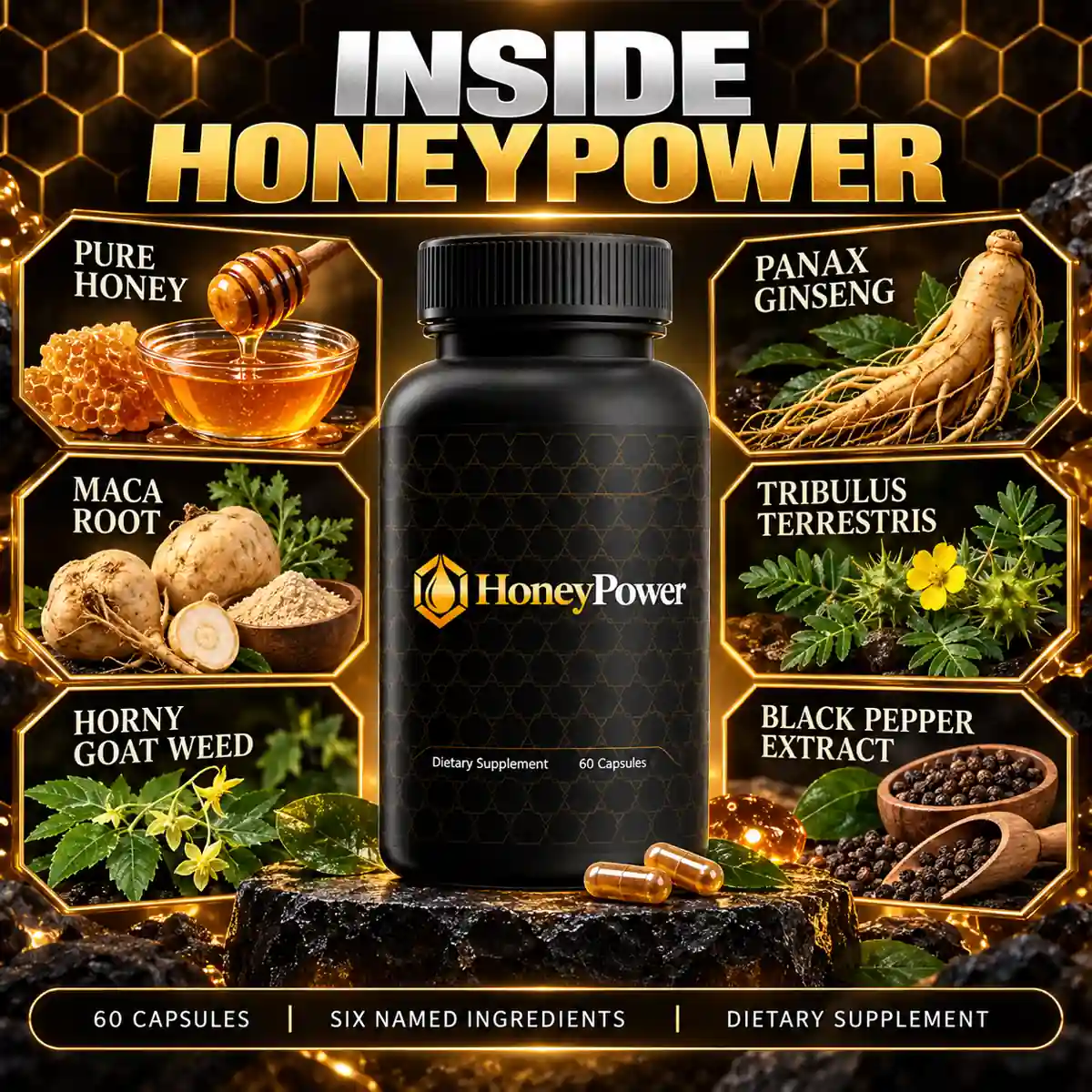The seller's INSIDE HONEYPOWER panel showing the six named ingredients around the bottle